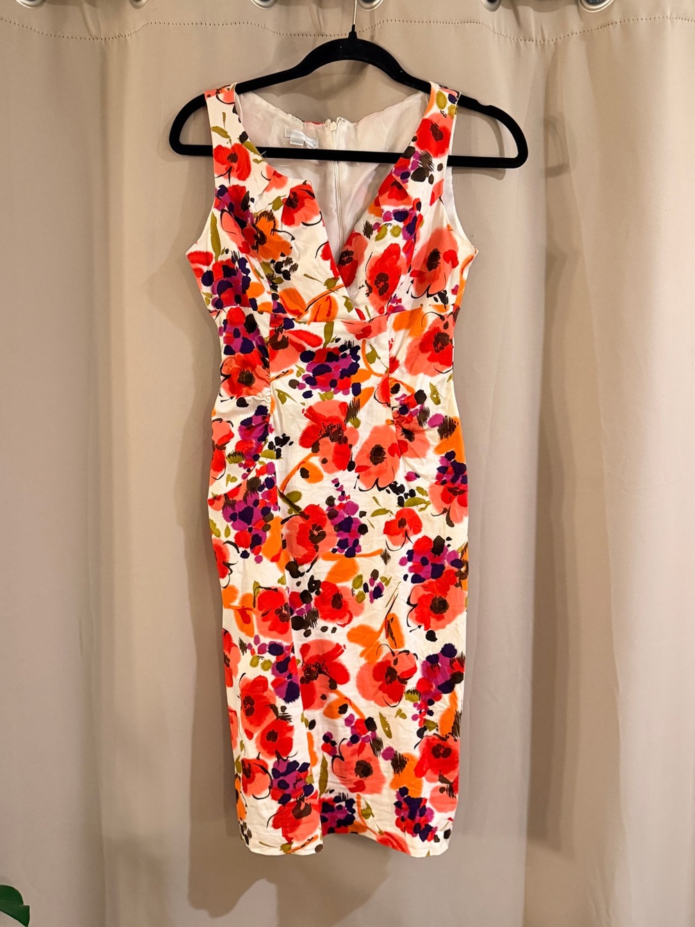London Times White Sheath Dress with Red, Orange & Purple Floral Print